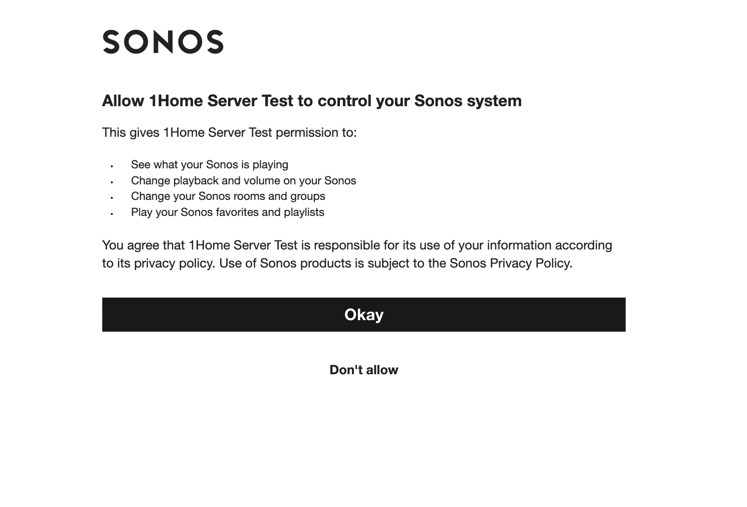 Sonos Autorisierungsbildschirm
