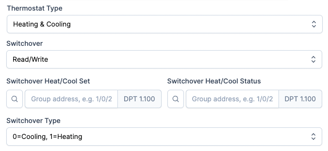 Thermostat Type & Switchover configuration screenshot